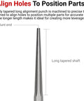Diagram of long tapered shaft of punch for hole alignment in mechanical assembly, part of Long Alignment Punch Set Three Piece With Three Sixteenth Inch One Quarter Inch And Five Sixteenth Inch Punches For Precise Hole Alignment In Mechanical Assembly Ideal For Automotive And Fabrication Shops Heat Treated Hardened Steel Durable Made In USA