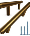 Slick Solid Stainless Steel Euro Style Bar Pulls Set, 25 Pack, Heavy Duty Cabinet Handles With 3 Inch Hole Centers And Five And Three Eighths Inch Length, Polished Chrome Finish, Modern Industrial Kitchen And Bathroom Hardware in a brass finish with screws