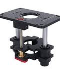 Top Shelf Router Table Lift System Featuring Smooth 65 Mm Height Adjustment and Hassle Free Inverted Mounting For Serious Woodworkers Building Custom Furniture close-up of black aluminum router lift system with precise height adjustment features.