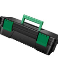 Kickass Tailgate Ready Tool Box Featuring An Unbreakable Hinged Lid And Grippy Top Carry Handle Perfect For Camping Rigs Weekend Getaways And Job Site Repair Snap Up This Hassle Free Storage Crate Today with a green handle.