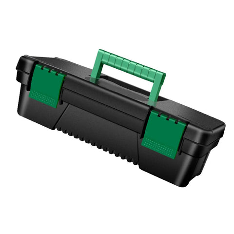 Kickass Tailgate Ready Tool Box Featuring An Unbreakable Hinged Lid And Grippy Top Carry Handle Perfect For Camping Rigs Weekend Getaways And Job Site Repair Snap Up This Hassle Free Storage Crate Today with a green handle.