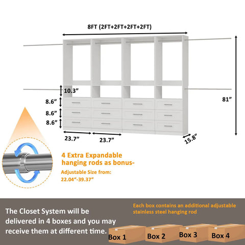 Premium Modular Closet System With Twelve Roomy Drawers Expands Effortlessly From Eight To Twenty One Feet No Sweat Setup with dimensions and features.