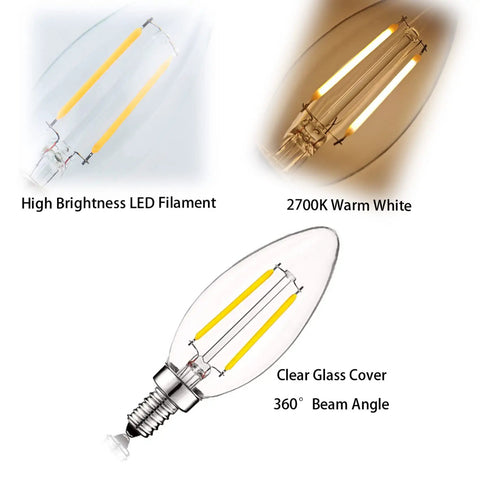 2W LED Candelabra Bulb That Gives Vintage Filament Vibe 25W Equivalent E12 Dimmable Clear Glass Warm White 2700K B11 Size