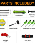 Components of Four Way 14 Foot By 14 Foot Height Adjustable Outdoor Volleyball And Badminton Net Set with Carry Bag Includes Soft Volleyball Hammer