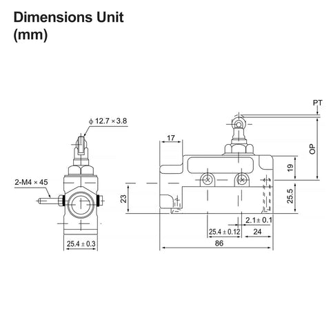 Technical drawing of Beefed Up Sealed TZ 6002 Parallel Roller Plunger Limit Switch, 15A 250VAC IP65, with detailed dimensions in mm