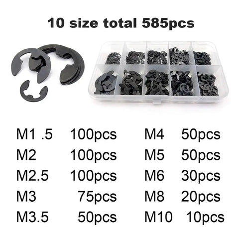 E Clip Snap Ring Assortment Kit 585 And 1005 Pcs External Retaining Rings M1.2 To M15 In 304 Stainless Steel And Black 65Mn Set DIY