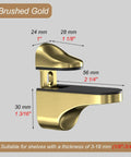 Heavy Duty Adjustable Floating Shelf Brackets With Glass Clamps And Cabinet Partitions Panels Mount Kit Wall Mounted Shelves Hardware Set In Brushed Gold And Light Grey Finish For Secure Sleek Wobble Free Shelving, brushed gold clamp, 24x28x30 mm