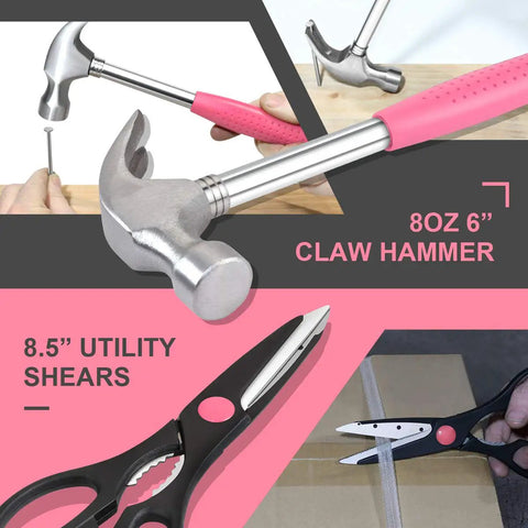 39 Piece Portable Car And Home Emergency Tool Kit With Storage Case Pink showing claw hammer and utility shears detail