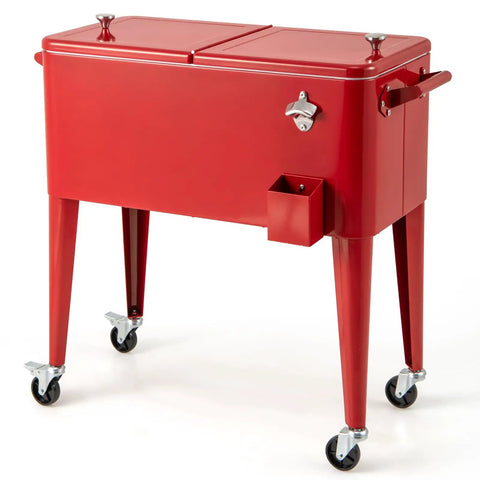 Red 80 Quart Rolling Ice Chest With Wheels For Patio And Poolside Parties Tailgate Ready Outdoor Cooler Cart With Side Handles Bottle Opener And Cap Catcher Portable Insulated Beverage Cooler For Backyard BBQs
