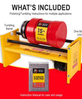Single Barrel Rotary Brass Tumbler With Stainless Steel Pins For Rock Polishing, 15 lb capacity, and instruction manual visible