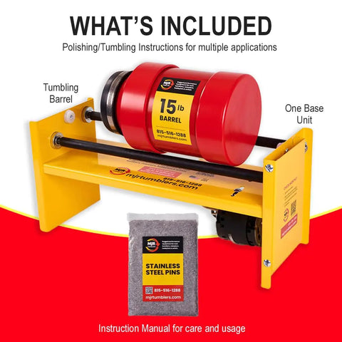 Single Barrel Rotary Brass Tumbler With Stainless Steel Pins For Rock Polishing, 15 lb capacity, and instruction manual visible