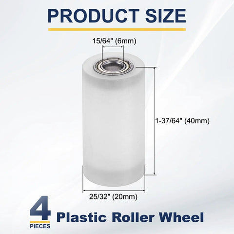 4 Pack Plastic Roller Wheels With Bearings 6mm ID 20mm OD 40mm Length Guiding Belt Idler White product size