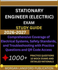 Book cover: Stationary Engineer (Electric) Exam Study Guide 2026-2027, black with gold border and purple subtitle.