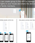 User controlling Smart Wall Switch No Neutral Needed For Single Pole 110V, 2 Gang, via smartphone app, multiple control options.