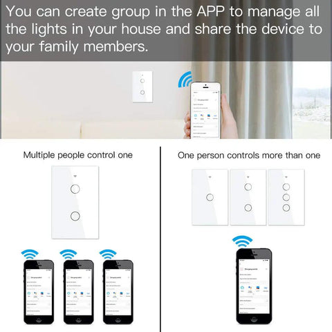 User controlling Smart Wall Switch No Neutral Needed For Single Pole 110V, 2 Gang, via smartphone app, multiple control options.