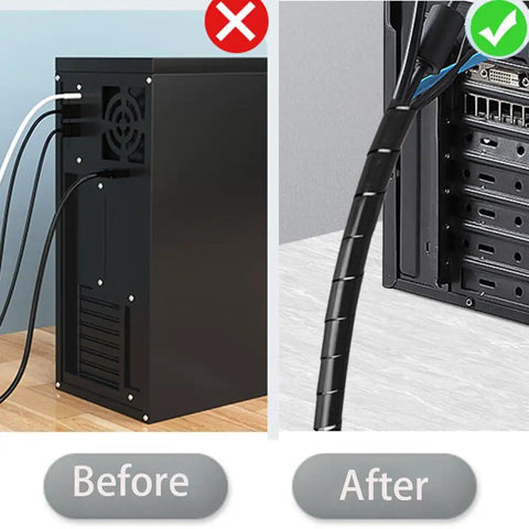 Before and after using Spiral Cable Wrap 1/2 Inch Black, 23 Ft Long Wire Organizer for clean and protected cable setup.