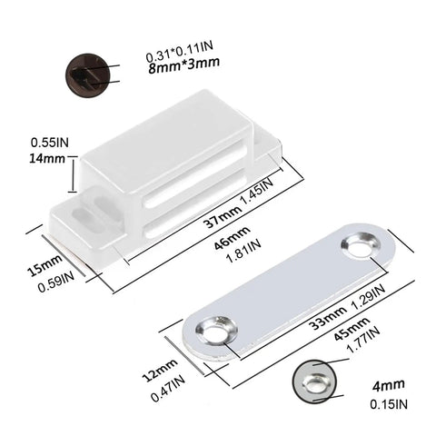 Magnetic Cabinet Catches With Hidden Door Stop for Closet and Cupboard, dimensions detailed with stainless steel finish.
