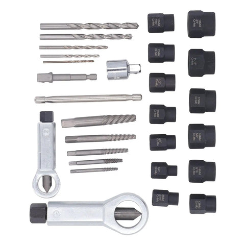 FTVOGUE 28Pc Cr Molybdenum Screw Extractor Kit With Hammer Drill Bits Removes Broken Bolts And Rusty Nuts Fast For Home Garage Auto Repair Pros, with sockets