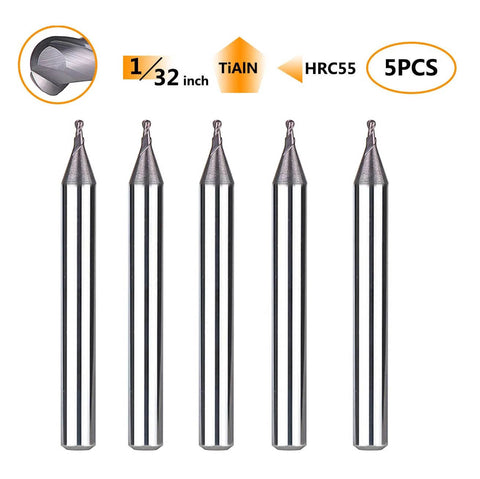 Five carbide ball-nose end mills with TiAlN coating, 1/32" diameter and 1/8" shank