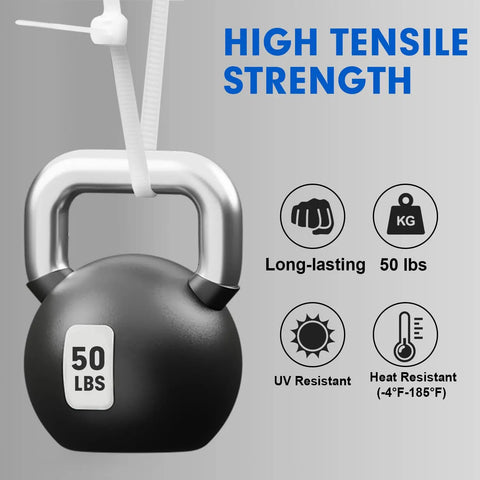 Heavy Duty 8 Inch Nylon Cable Ties, 1200 Pack, Self Locking White Plastic Wire Ties With 50Lb Tensile Strength in use holding kettlebell.