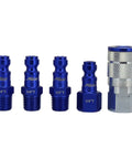 Five Piece T Style Air Coupler And Plug Kit In Blue One Quarter Inch NPT Pro Grade Durable Anodized Steel Color Coded Quick Fit