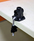 Universal Desk Clamp Mount Bracket for Mic Stands and Table Lamps attached to 43mm thick desk edge, black aluminum alloy