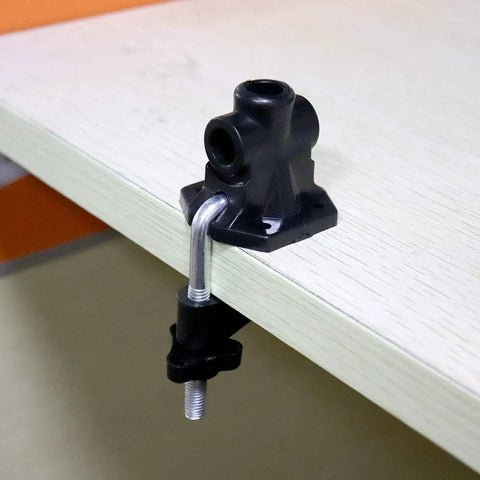 Universal Desk Clamp Mount Bracket for Mic Stands and Table Lamps attached to 43mm thick desk edge, black aluminum alloy