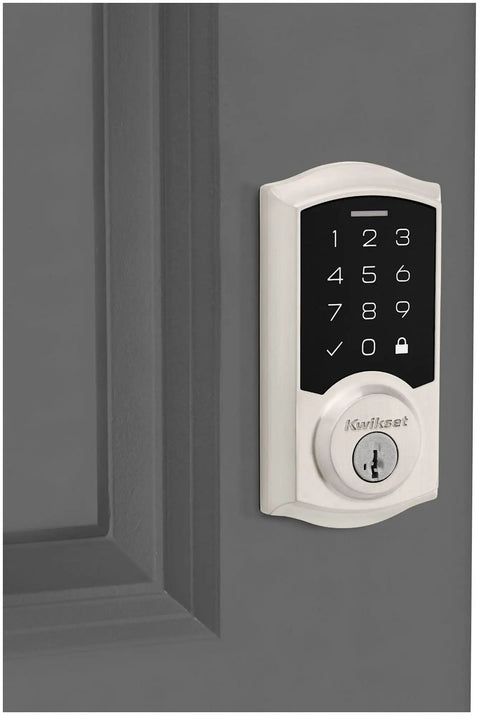 Keyless Entry SmartCode Touchpad Electronic Deadbolt With SmartKey, Satin Nickel Finish, Single Cylinder Door Lock on door