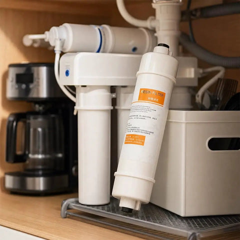 Pack Of Three 10 Inch Inline Resin Filters With Quarter Inch Quick Connect seen installed near coffee machine for hard water solution