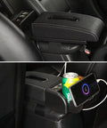 Center Console Armrest Storage Bin With Sliding Tray For Smooth Highway Cruising And Easy Daily Driver Gear Stash Road Trip Essential Custom Flex Zone For Tesla Cybertruck, padded faux leather organizer with drink and phone holder.