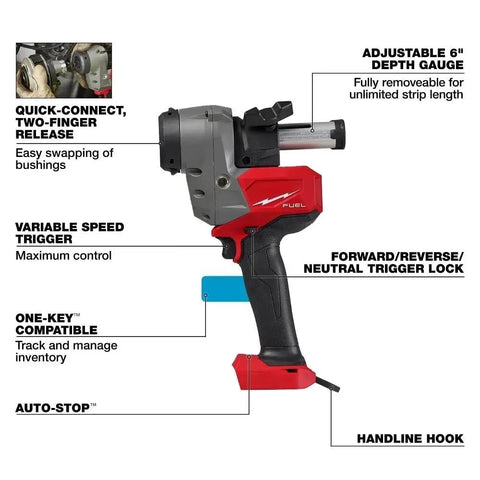 Milwaukee M18 Cordless Cable Stripper Bare Tool with adjustable depth gauge and variable speed trigger, side view.