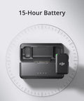Wireless Lavalier Microphone System With Two Transmitters And One Receiver In Charging Case, showing 15-hour battery life.