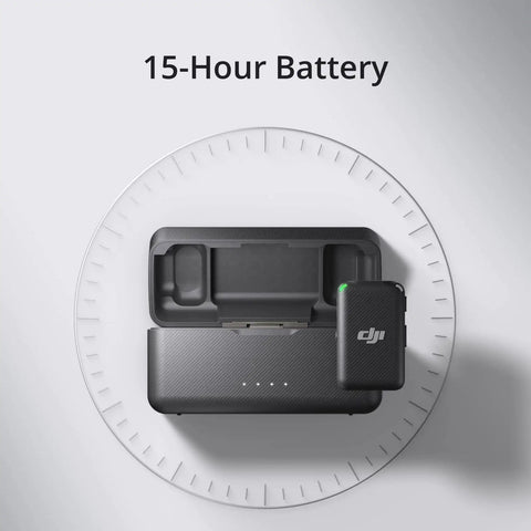 Wireless Lavalier Microphone System With Two Transmitters And One Receiver In Charging Case, showing 15-hour battery life.
