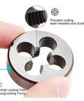 Heavy Duty Metric Hand Tap And Die Set With M3 To M12 Screw Thread Taps Plus Adjustable Wrench For Precision Metalworking And DIY Repairs Today, round die close-up