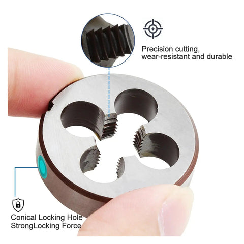Heavy Duty Metric Hand Tap And Die Set With M3 To M12 Screw Thread Taps Plus Adjustable Wrench For Precision Metalworking And DIY Repairs Today, round die close-up