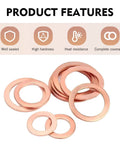 Copper Washers 200-Piece Metric Crush Washer Set For Car And Motorcycle, 9 Sizes Flat Ring Oil Drain Plug Sealing Gaskets, M5 M6 M8 M10 M12 M14, Durable High Conductivity Copper Sealing Assortment, product features
