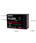 R12DS 2.4GHz RC Receiver 12 Channels SBUS PWM Long Range for Airplane Drone Jet, black unit with measurement details.
