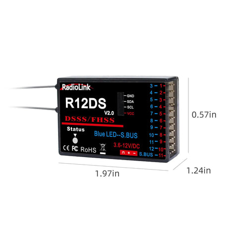R12DS 2.4GHz RC Receiver 12 Channels SBUS PWM Long Range for Airplane Drone Jet, black unit with measurement details.