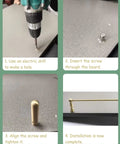 Installation steps for Heavy Duty Brass Shelf Rails Set With 3 Pack Brackets And Tipping Spindle Holders on a board.