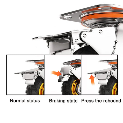 Set Of Four 8 Inch Heavy Duty Solid Rubber Swivel Casters With Brake Puncture Proof Silent Glide Industrial Fixed Plate built different brake mechanism details