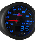 MaxTow front view 2-1/16 inch oil pressure gauge kit with blue LED dial, analog 0–100 psi and digital readout, black face