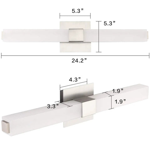 Front and side view dimensions of LED Bathroom Vanity Light 24 Inch Brushed Nickel Modern Fixture Over Mirror 6000K Cool White Daylight
