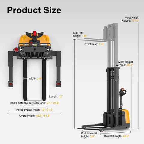 Product size diagram for Top Tier Built Like A Tank Lithium Electric Pallet Stacker 3300 Pound Capacity 130 Inch High Reach Lift.