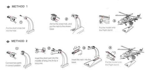 Assembly instructions for Universal Model Plane Display Stand For Building Blocks And Bricks Sets, detailing two setup methods.