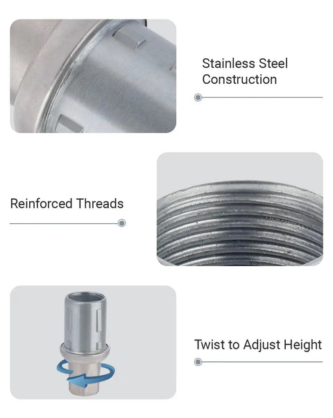 Stainless steel adjustable bullet feet with reinforced threads and twist mechanism for 1-5/8 inch tubing industrial use.