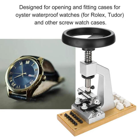 Pro Grade Oyster Watch Case Opener Bench Tool Kit With 6 Dies For Rolex And Tudor Back Case Removal next to watch display