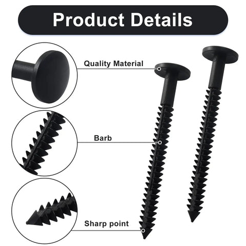 Tough As Nails 18 Piece Heavy Duty Vinyl Shutter Screws Black 3 Inch showing quality material, barb, and sharp point for outdoor use.