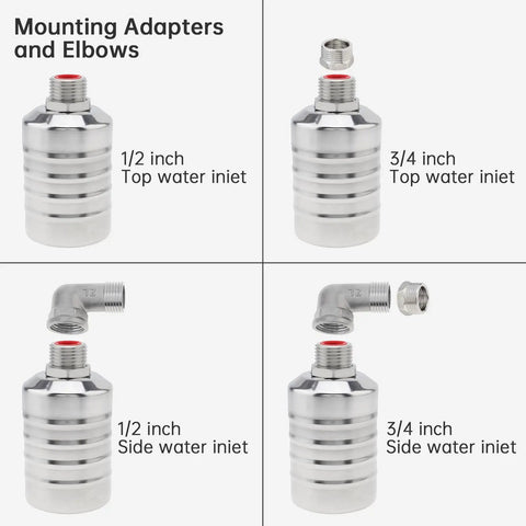 Auto Fill Float Valve 1/2 To 3/4 Inch With 304 Stainless Steel Construction, Durable Water Level Shutoff Valve For Trough Systems, Includes 2 O-Rings, Elbow, And 1/2 To 3/4 Inch Adapter, shown with top and side water inlet adapters