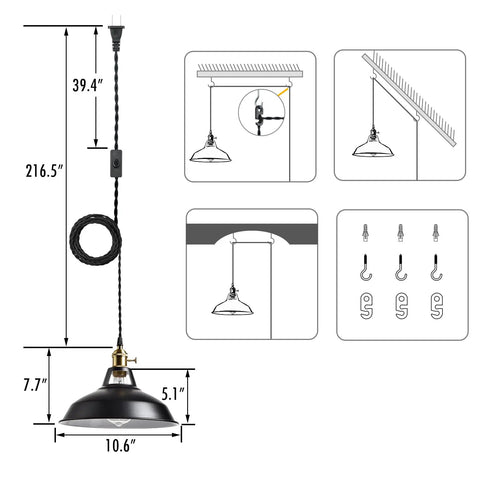 Diagram of Industrial Plug In Pendant Light With Switch Black Barn Style Ceiling Lamp, dimensions and installation guide included