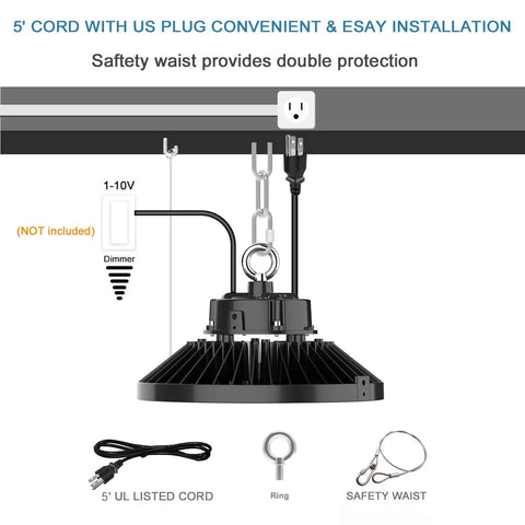Beefy 200W High Bay LED Light Dimmable 1 To 10V 30000 Lumen 5000K Bright White showing dimmer and installation accessories